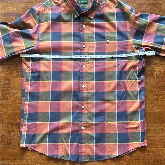 Orvis men’s casual button-down orange blue plaid wrinkle free size L - Picture 3 of 10